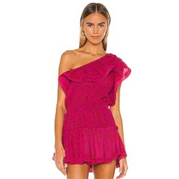 NWT New MISA Revolve Dress Josefine Mini Pink Giraffe Ruffle One Shoulder Sz XS - Picture 1 of 13